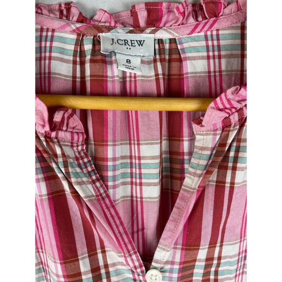 J. Crew‎ Plaid Ruffle Trim Preppy Mini Dress Sweet Briar Marine Salt Pink Size 8 - Picture 8 of 10